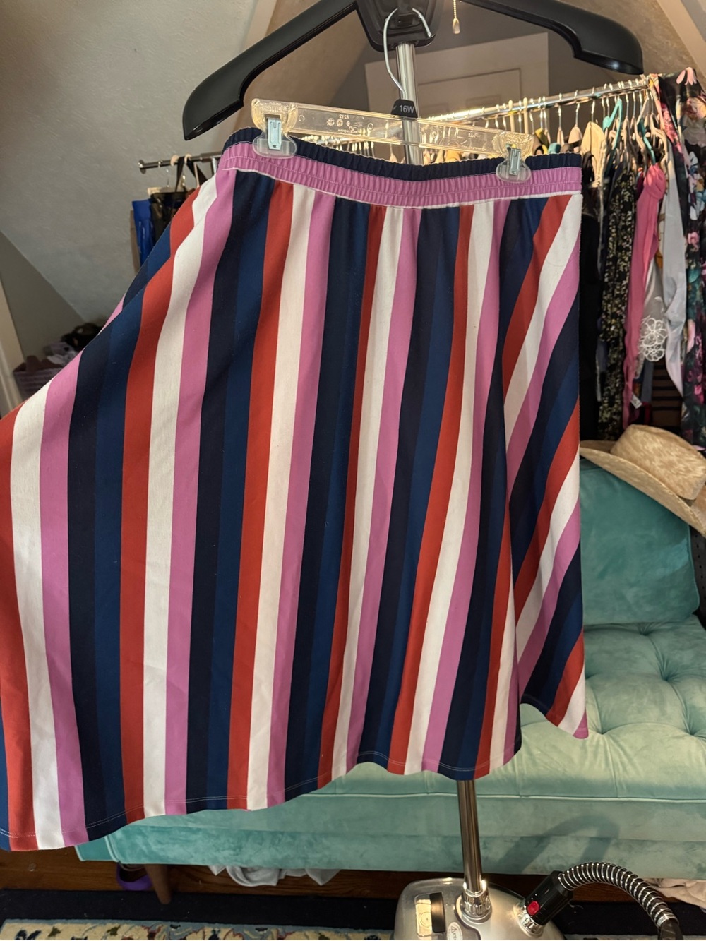 Eloquii Striped Midi Skirt in Navy, Pink & Red